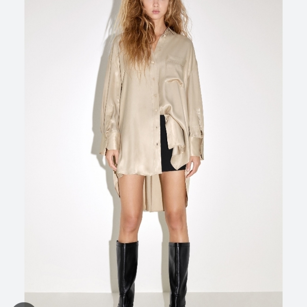 Zara Satin Longline Shirt Dress in Beige